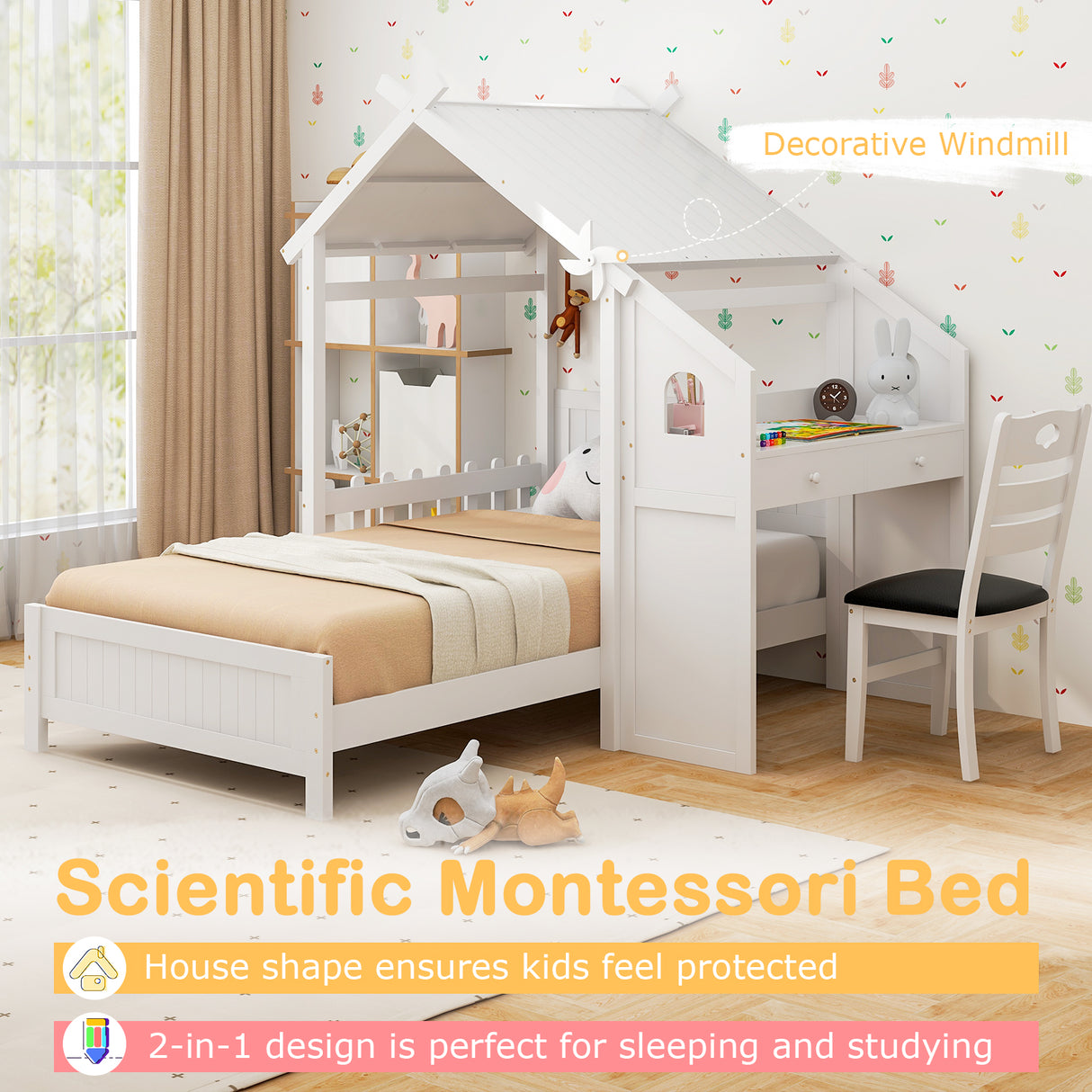 Twin House Bed with with 2 Drawers and Windmill-White
