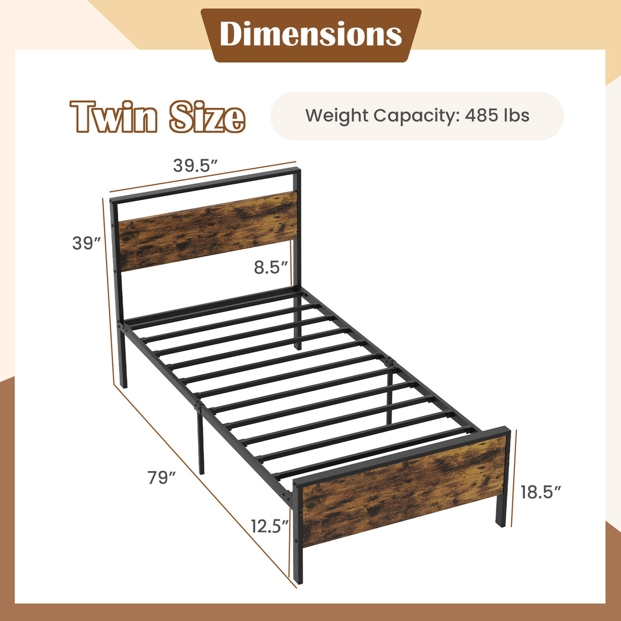Twin Metal Bed Frame Industrial Platform Bed with Wooden Headboard