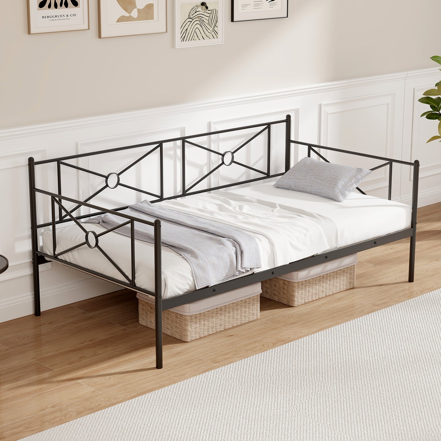 Twin Metal Daybed Frame with Heavy-Duty Metal Slats Support and Guardrails-Black