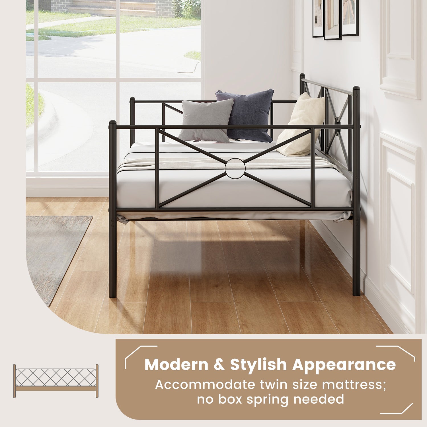 Twin Metal Daybed Frame with Heavy-Duty Metal Slats Support and Guardrails-Black