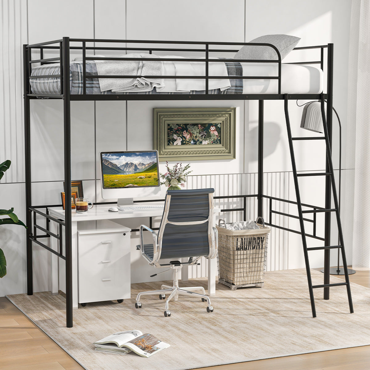Twin Metal Loft Bed Frame with Ladder and Metal Slats Support-Black