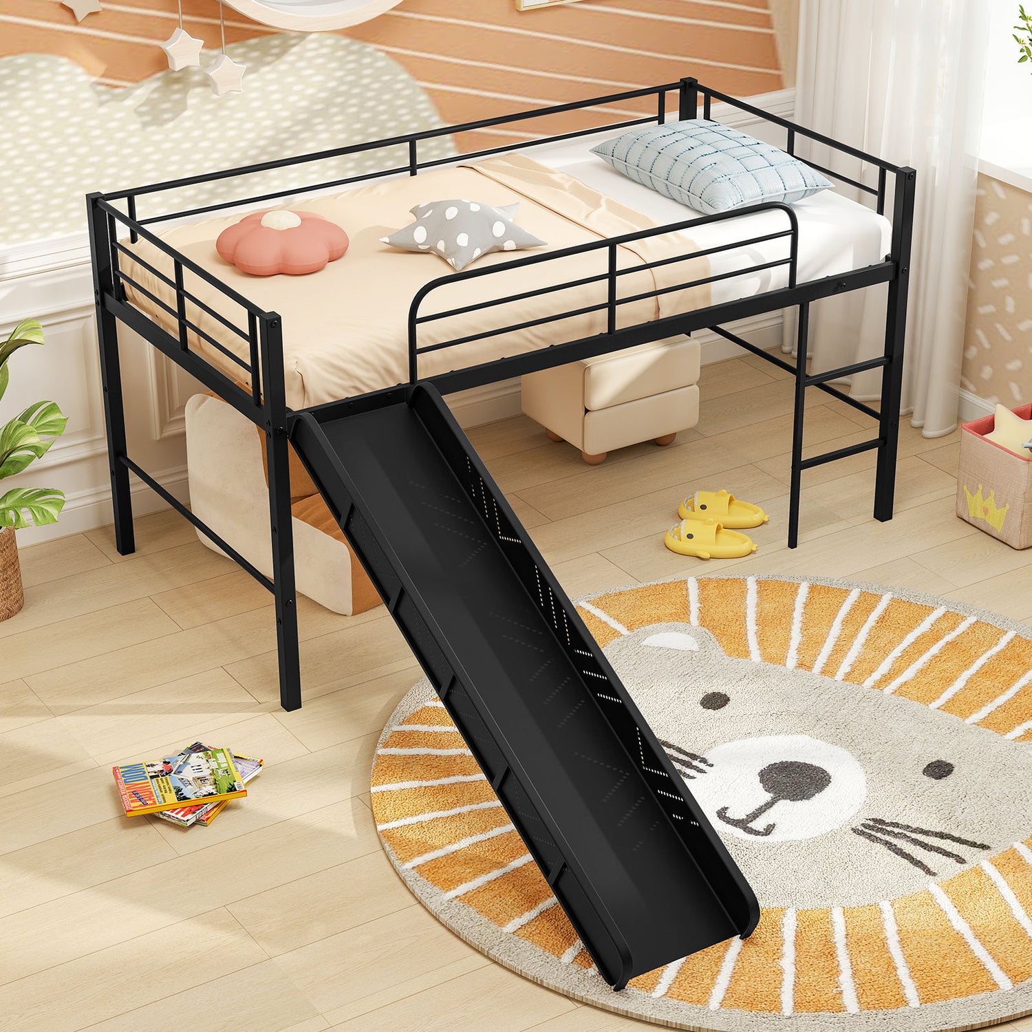 Twin Metal Loft Bed with Slide Safety Guardrails and Built-in Ladder