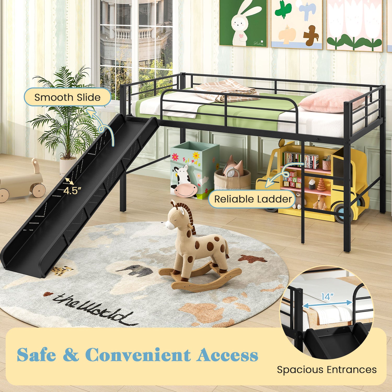 Twin Metal Loft Bed with Slide Safety Guardrails and Built-in Ladder
