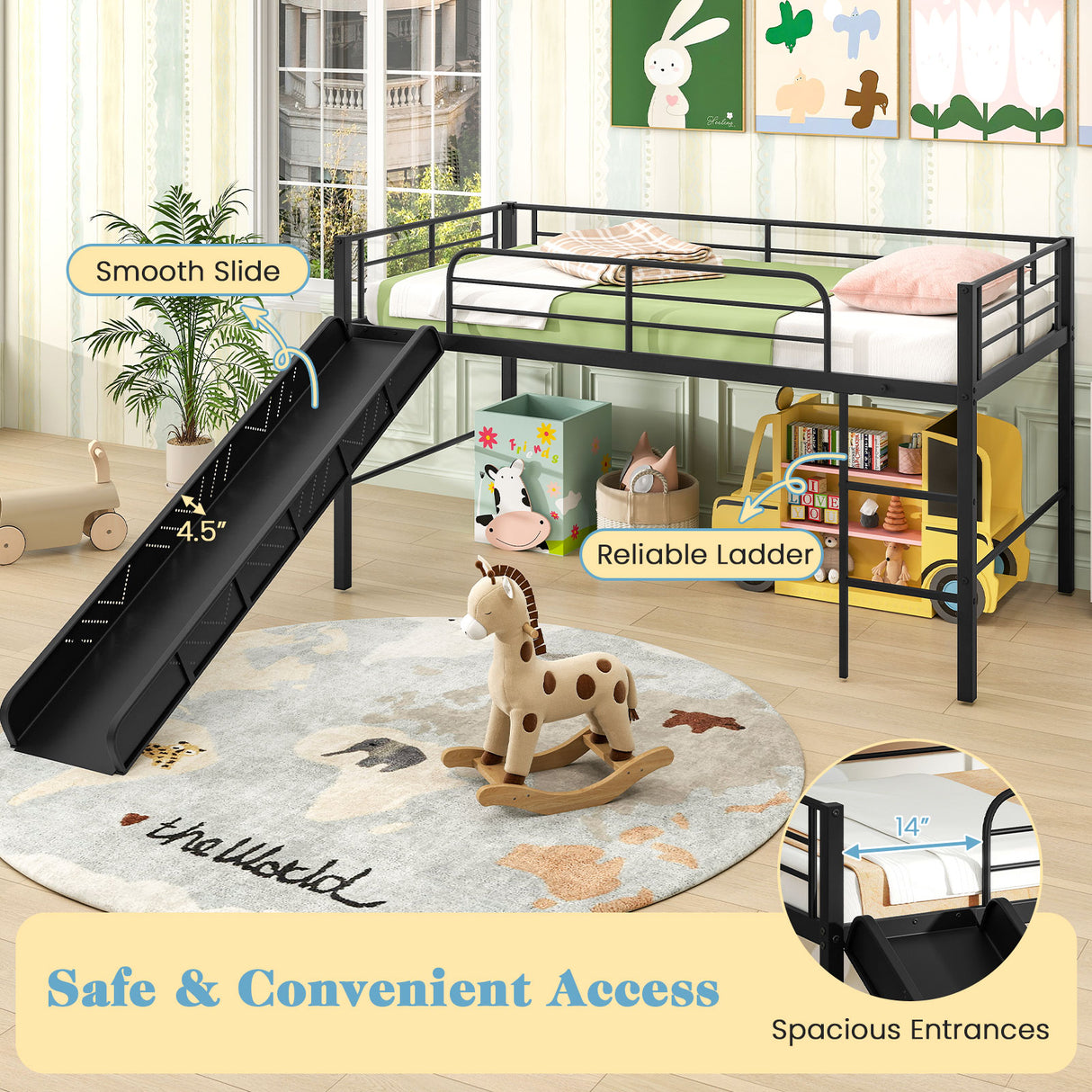 Twin Metal Loft Bed with Slide Safety Guardrails and Built-in Ladder