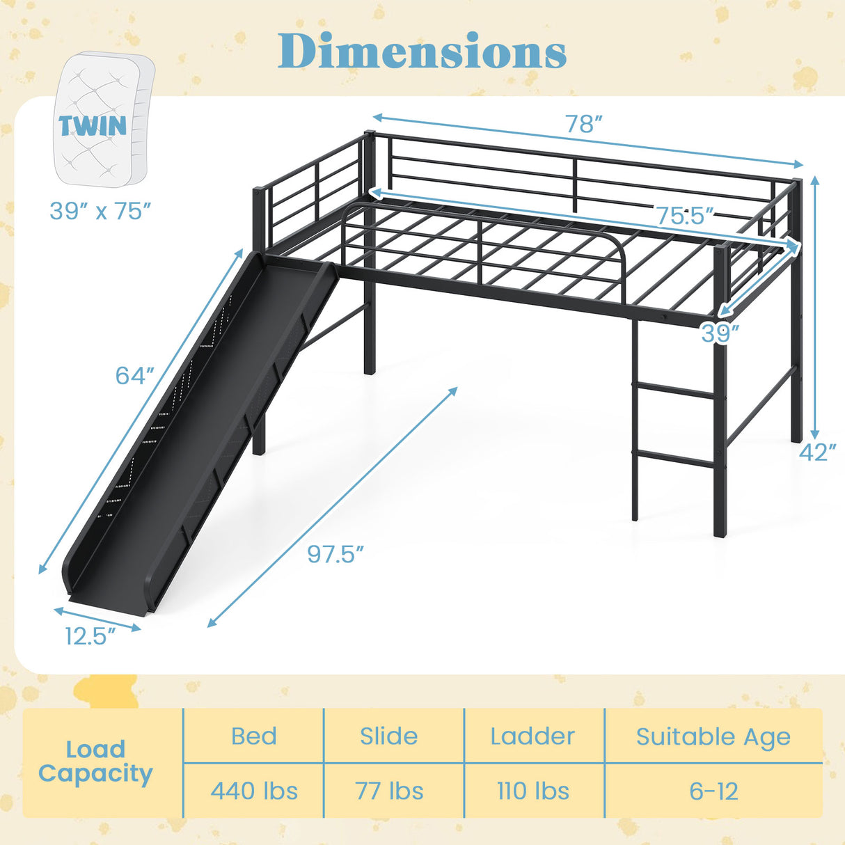 Twin Metal Loft Bed with Slide Safety Guardrails and Built-in Ladder