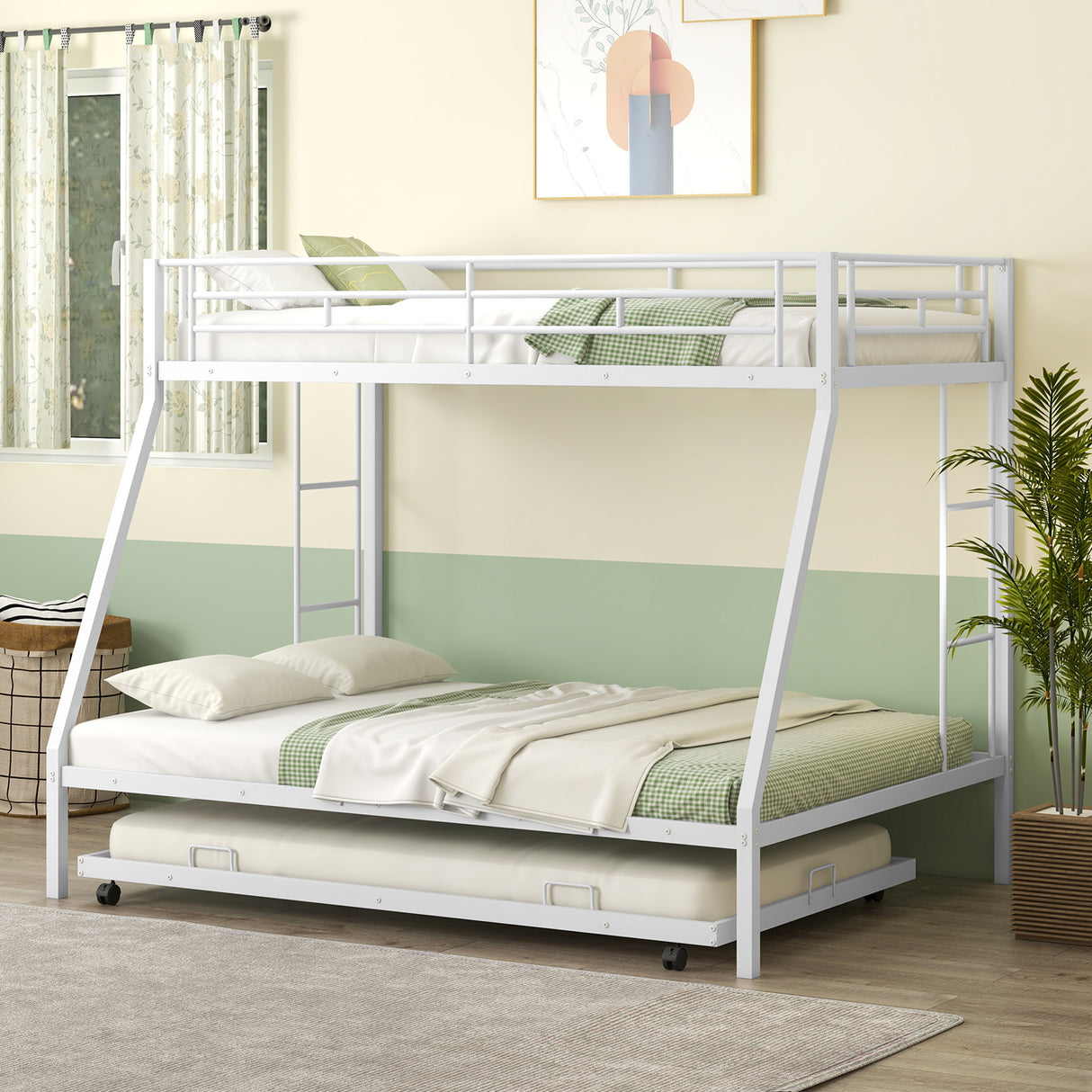 Twin Over Full Bunk Bed Frame with Trundle for Guest Room