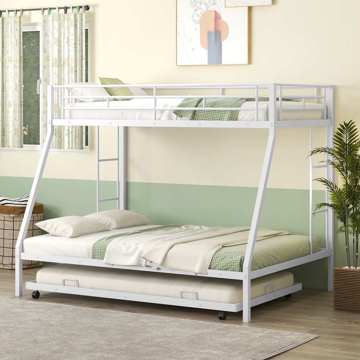 Twin Over Full Bunk Bed Frame with Trundle for Guest Room