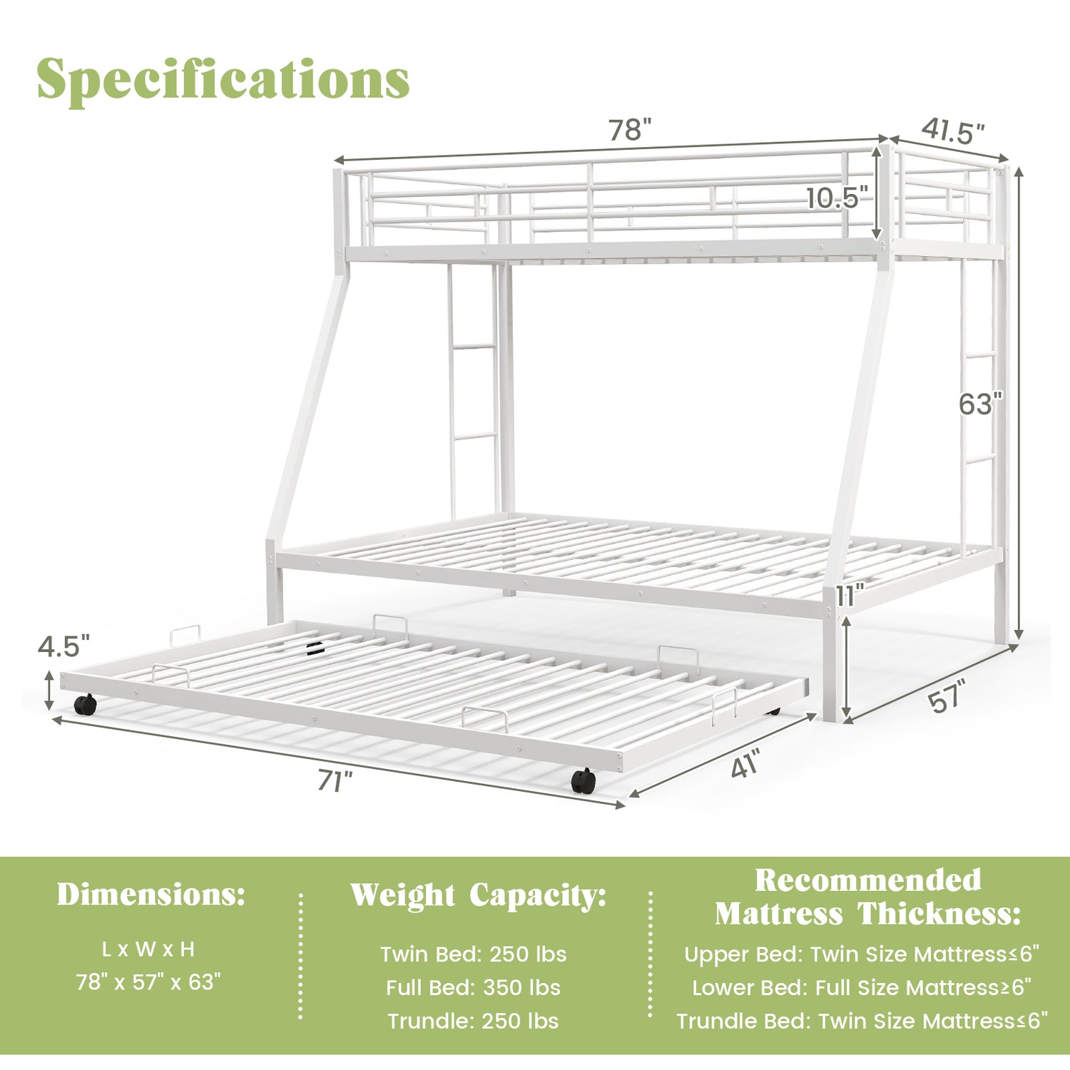Twin Over Full Bunk Bed Frame with Trundle for Guest Room