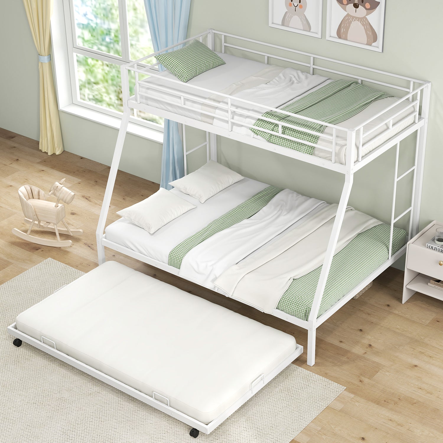 Twin Over Full Bunk Bed Frame with Trundle for Guest Room