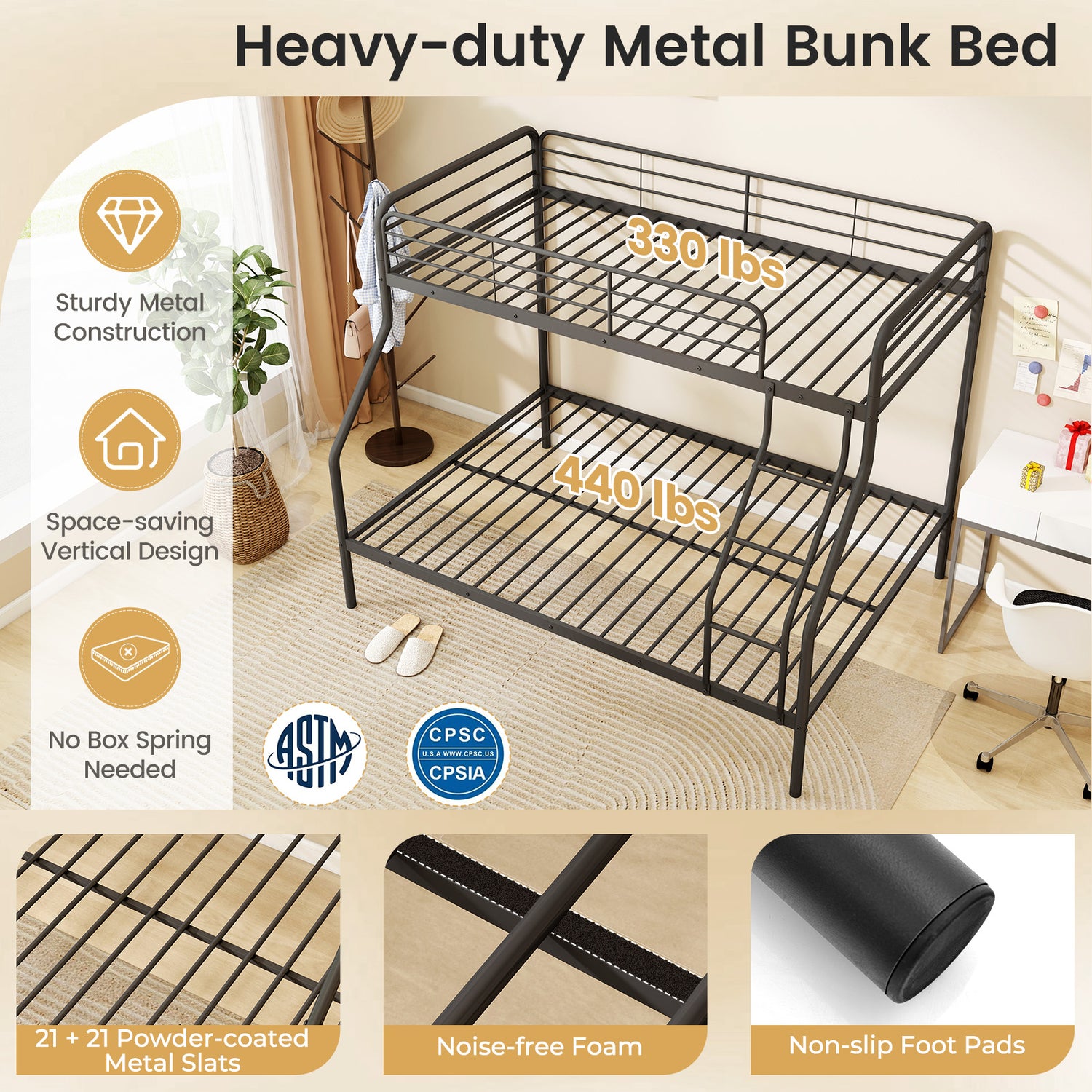 Twin Over Full Bunk Bed with Ladder and Full-length Guardrails