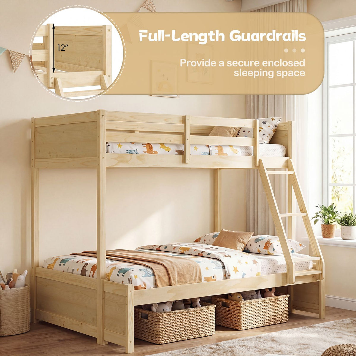 Twin Over Full Bunk Bed with 3-Step Ladder and Full-Length Guardrails