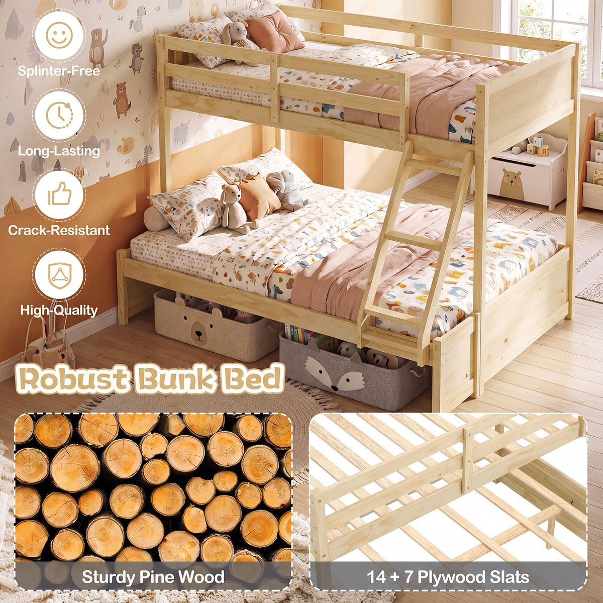 Twin Over Full Bunk Bed with 3-Step Ladder and Full-Length Guardrails