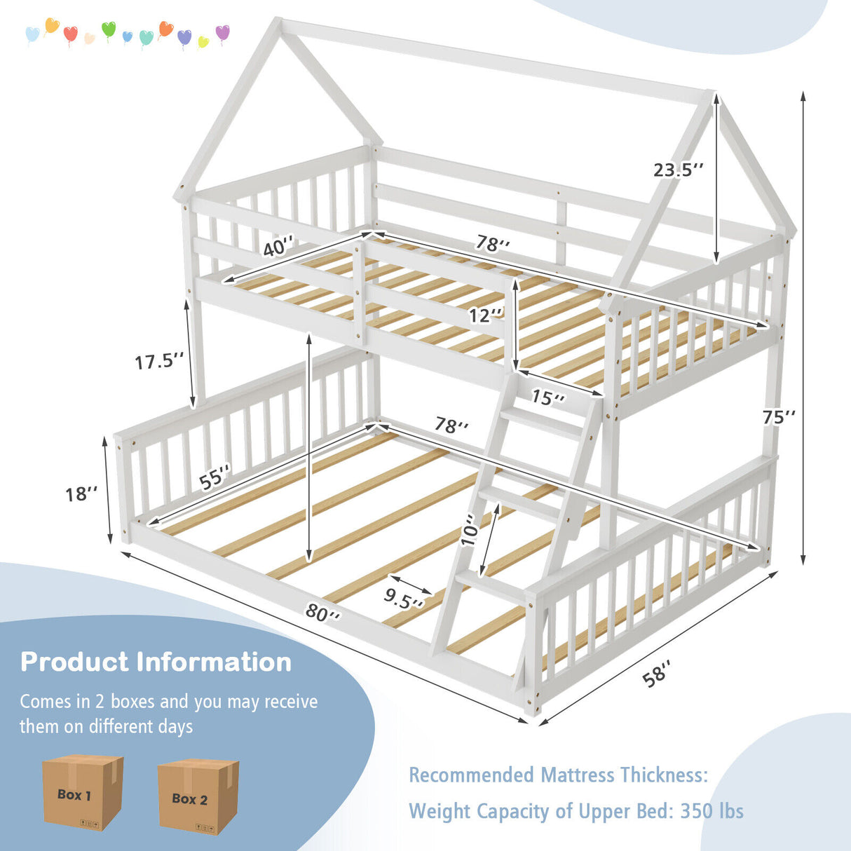 Twin Over Full House Bunk Bed with Ladder and Guardrails