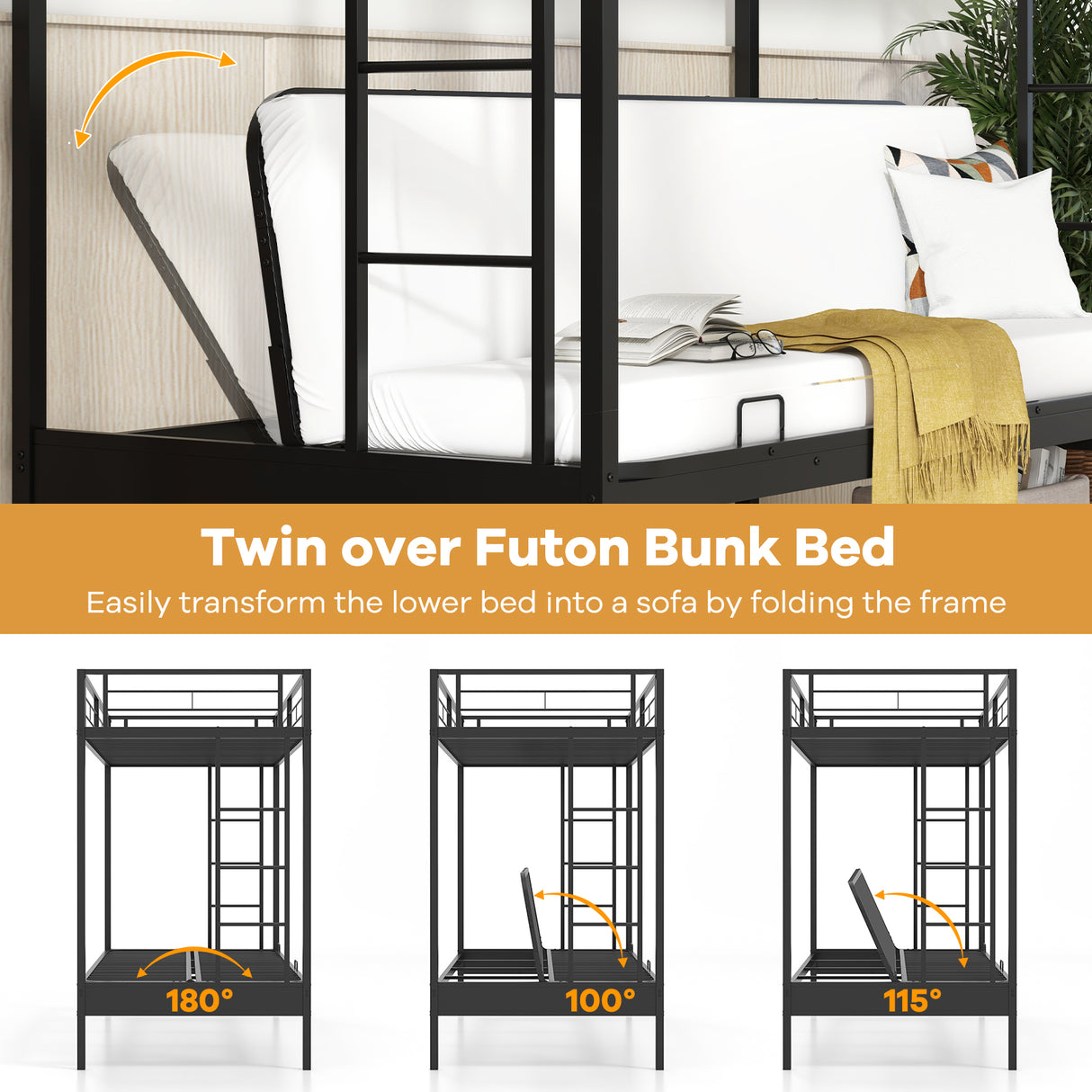 Twin Over Futon Bunk Bed with 2 Ladders and Safety Guardrails-Black