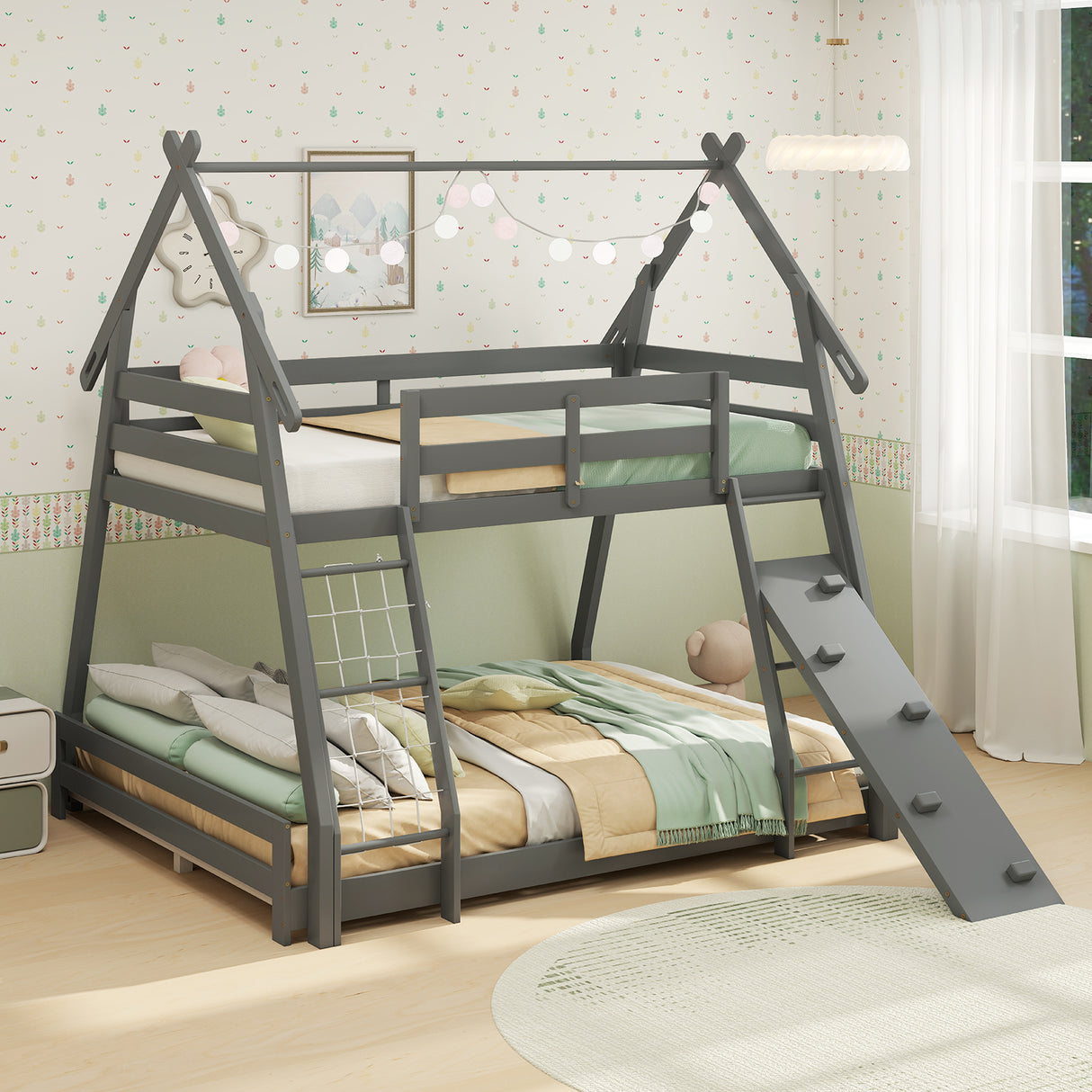Twin Over Queen Bunk Bed Wooden Kids Bed with Climbing Nets and Ramp