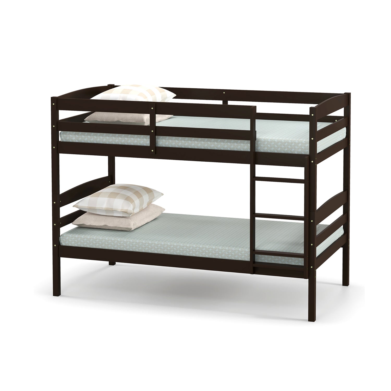 Solid Wood Twin Over Twin Bunk Bed Frame with High Guardrails and Integrated Ladder