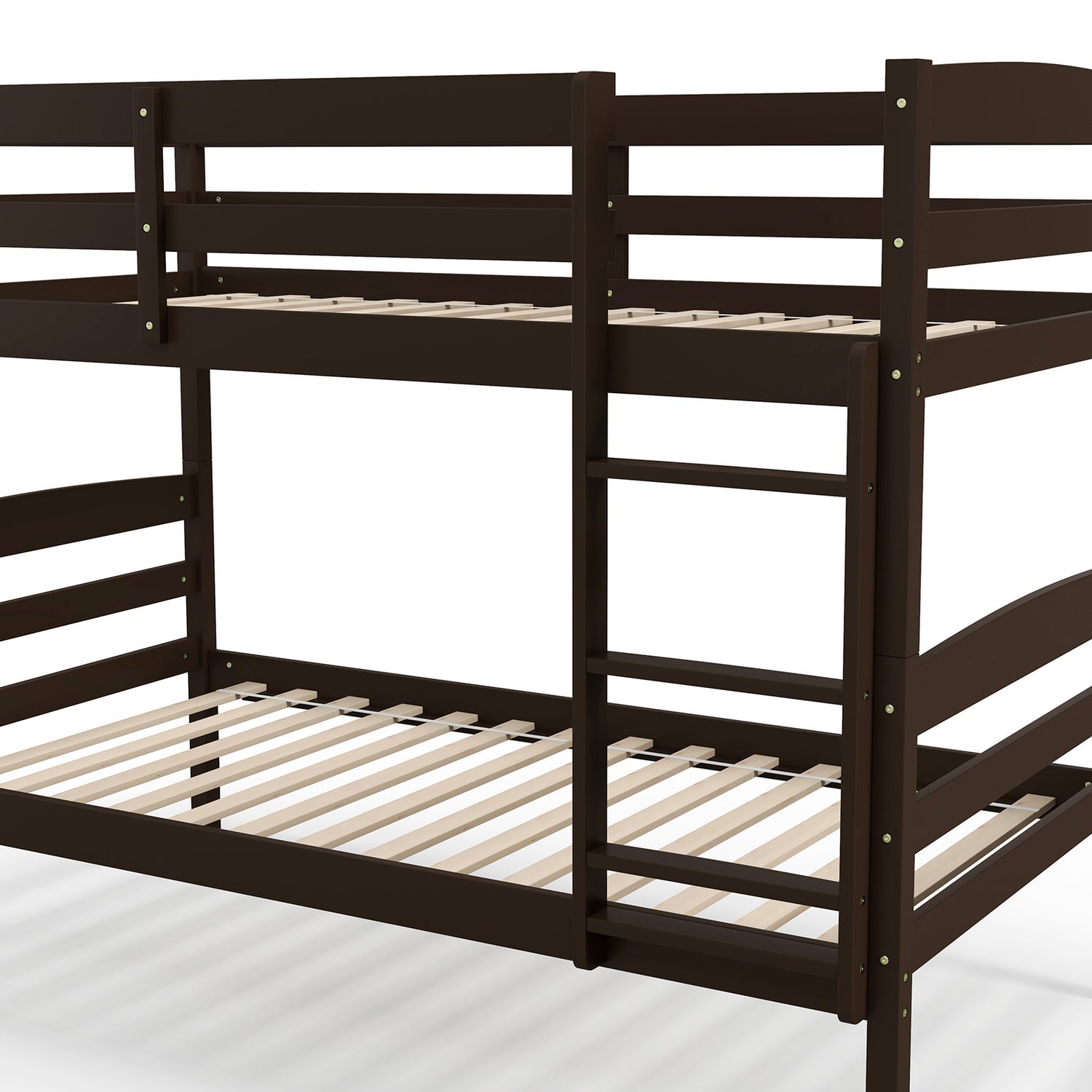 Solid Wood Twin Over Twin Bunk Bed Frame with High Guardrails and Integrated Ladder
