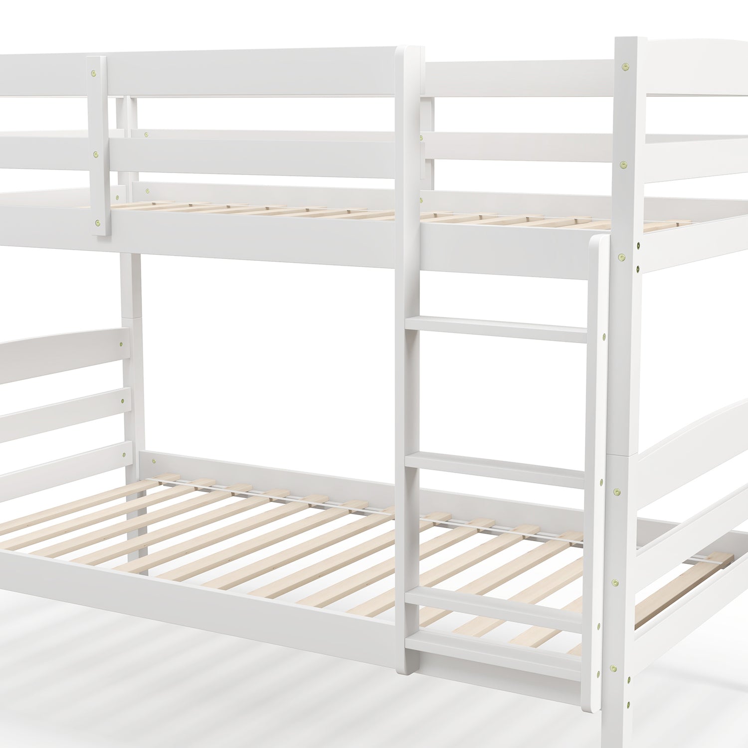 Solid Wood Twin Over Twin Bunk Bed Frame with High Guardrails and Integrated Ladder