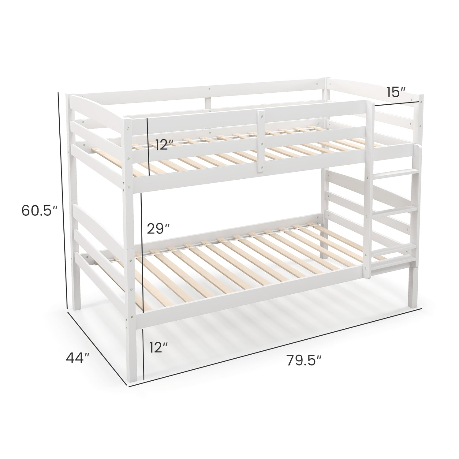 Solid Wood Twin Over Twin Bunk Bed Frame with High Guardrails and Integrated Ladder