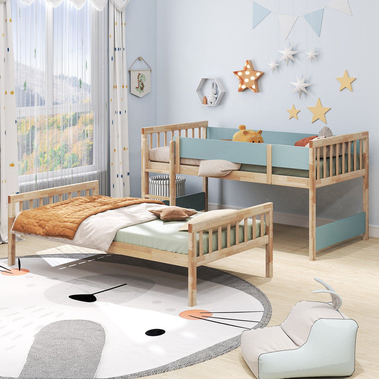 Twin Over Twin Bunk Bed with Ladder and Full-length Guardrails
