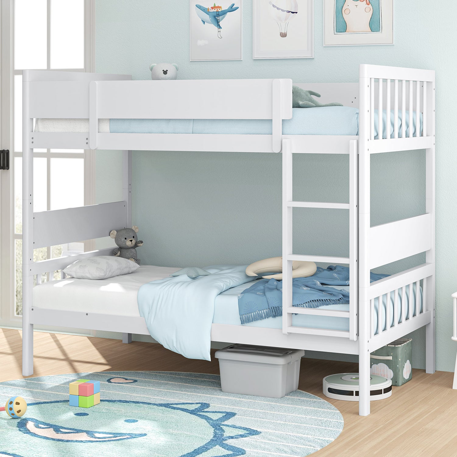 Twin Over Twin Bunk Bed with Ladder and Full-length Guardrails