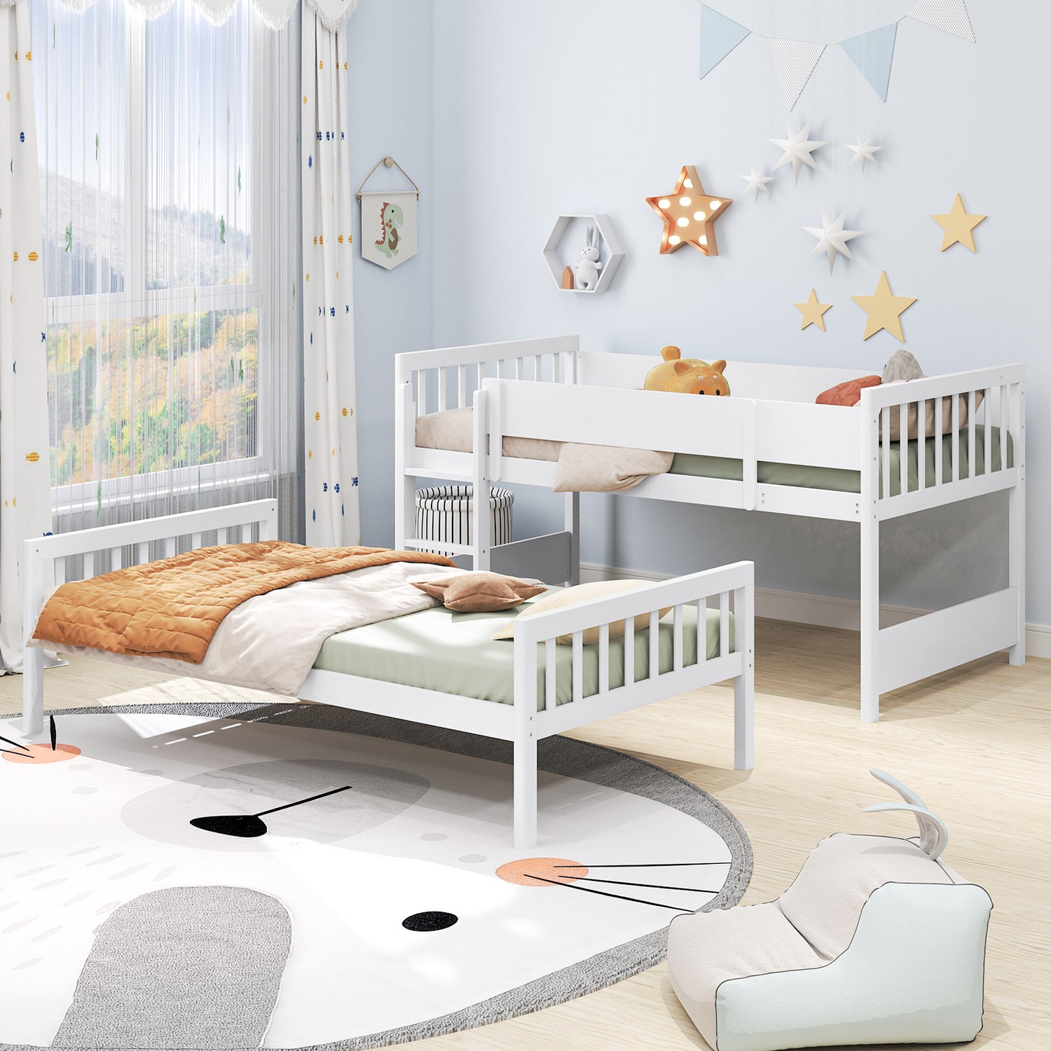 Twin Over Twin Bunk Bed with Ladder and Full-length Guardrails