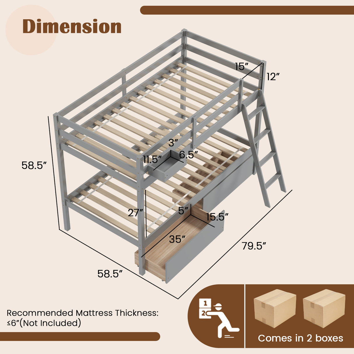 Twin Over Twin Bunk Bed Wood Bed Frame with 2 Storage Drawers and Ladder