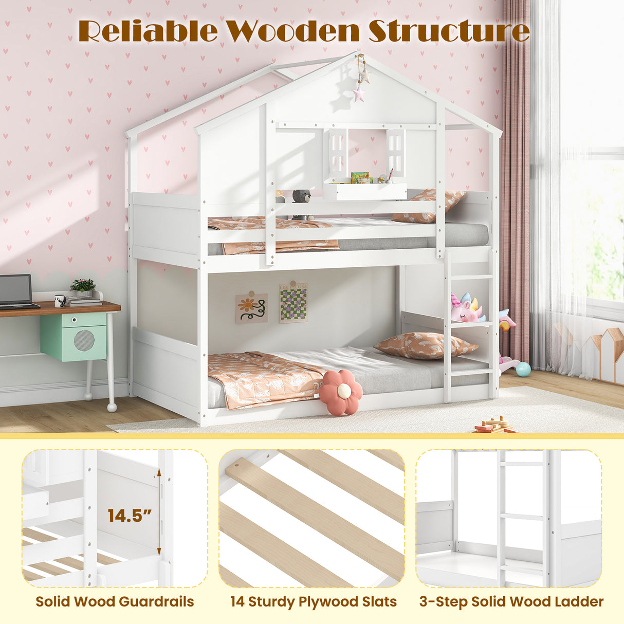 Twin Over Twin Bunk Bed for Kids with Roof and Lockable Window-White