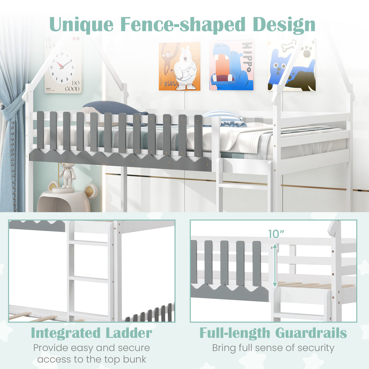 Twin Over Twin Bunk Bed with Fence and Ladder for Kids