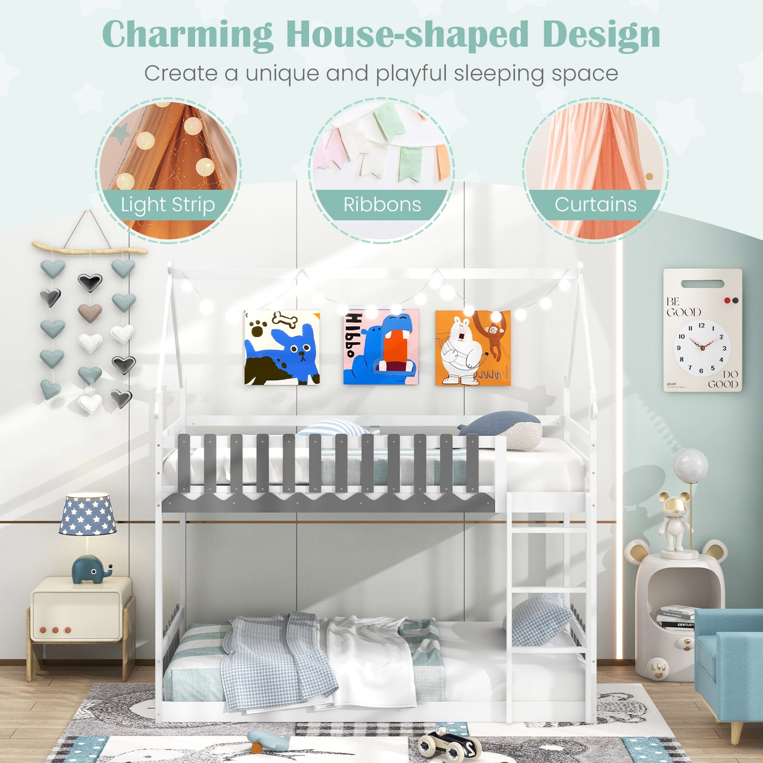 Twin Over Twin Bunk Bed with Fence and Ladder for Kids