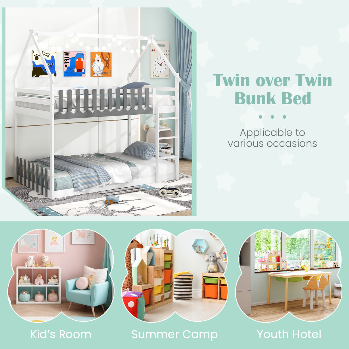Twin Over Twin Bunk Bed with Fence and Ladder for Kids