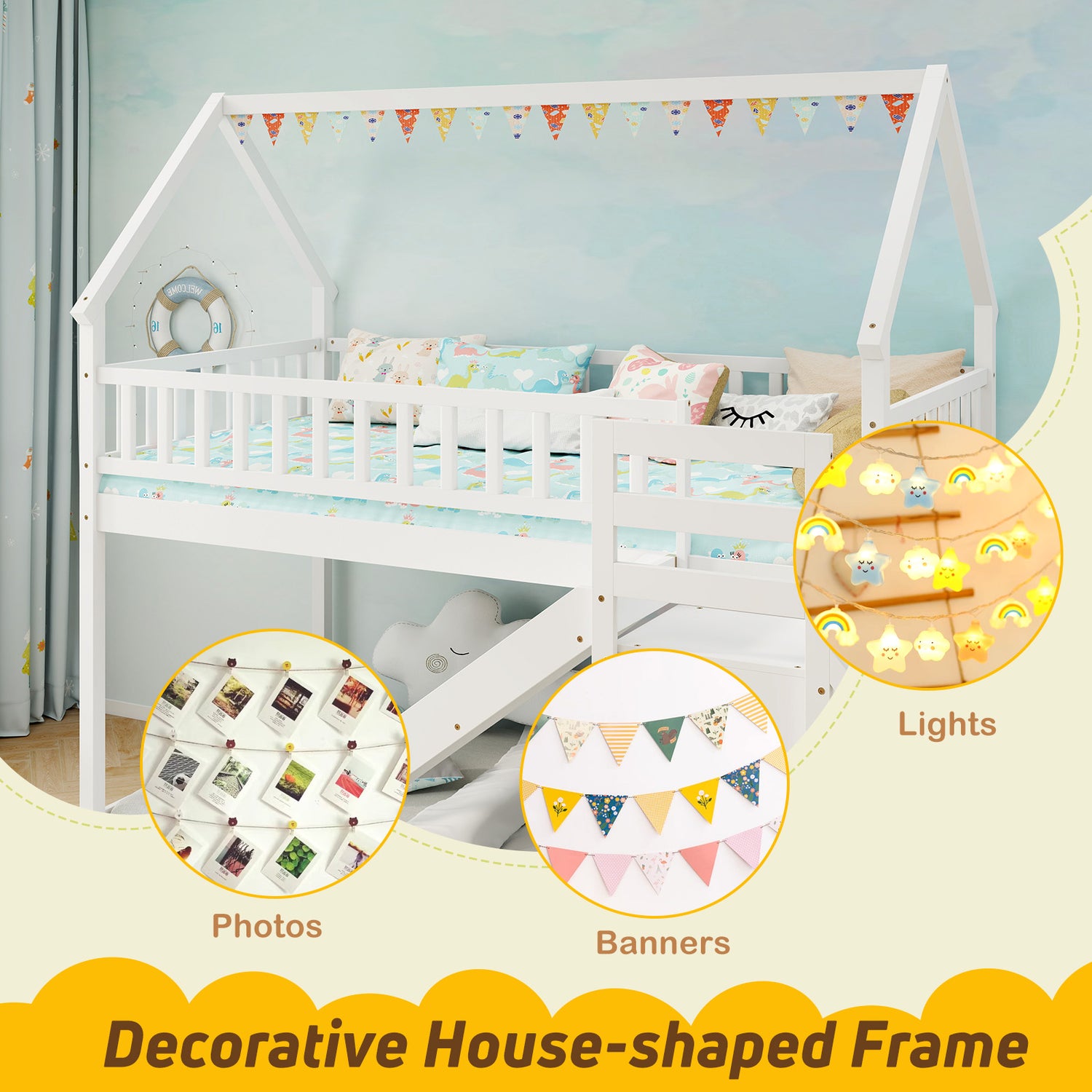 Twin Over Twin Bunk Bed with Slide and Staircase-White
