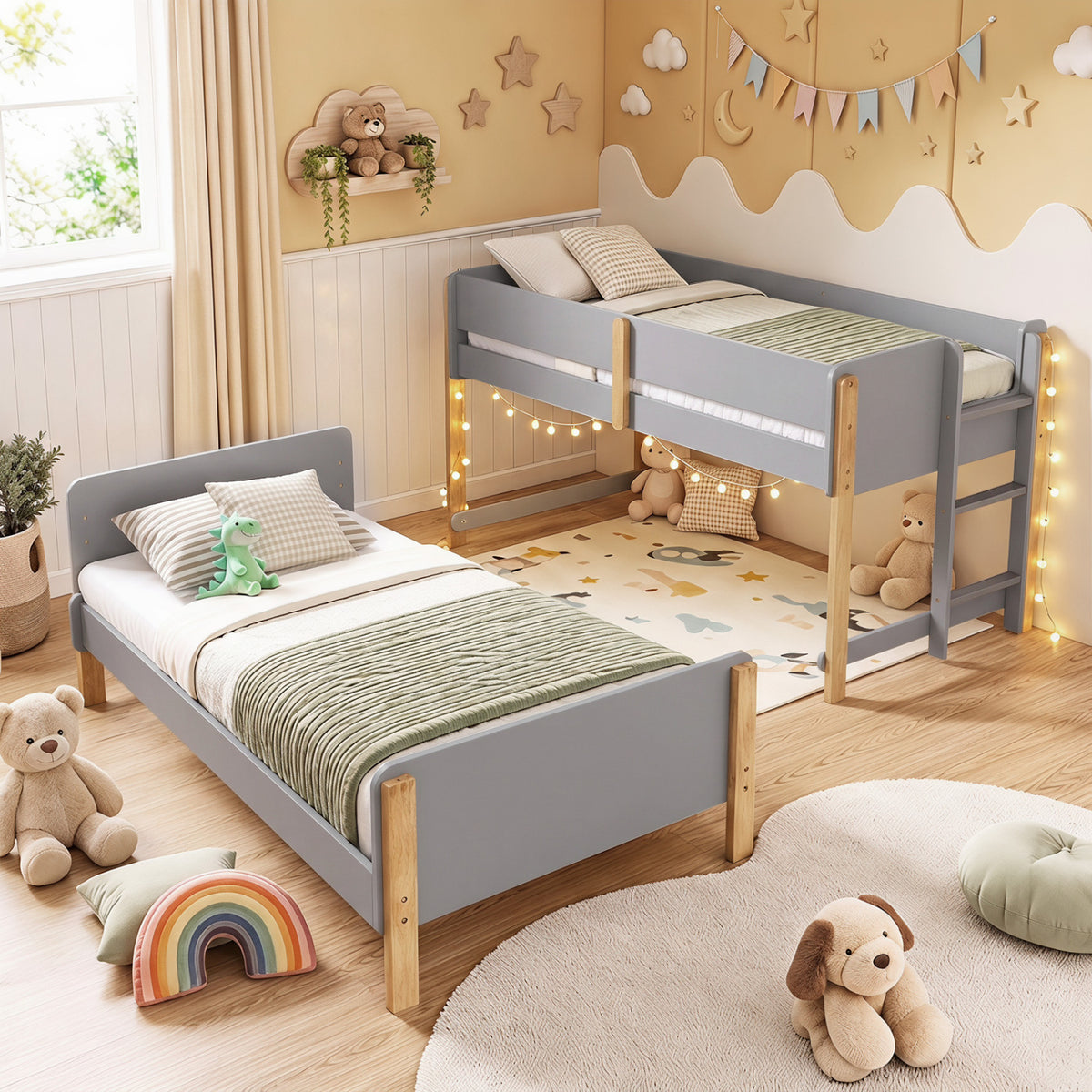 Twin Over Twin Bunk Bed with Ladder Convertible to 2 Twin Beds Toddler Wood Bunk Bed