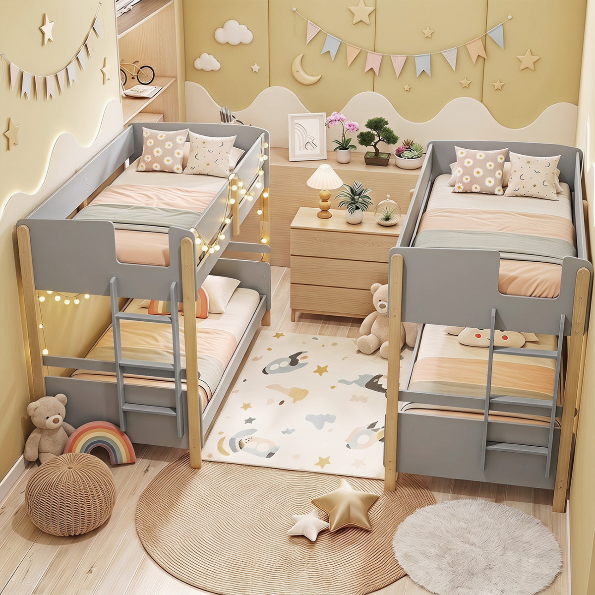 Twin Over Twin Bunk Bed with Ladder Convertible to 2 Twin Beds Toddler Wood Bunk Bed