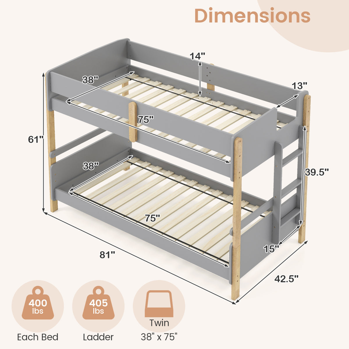Twin Over Twin Bunk Bed with Ladder Convertible to 2 Twin Beds Toddler Wood Bunk Bed