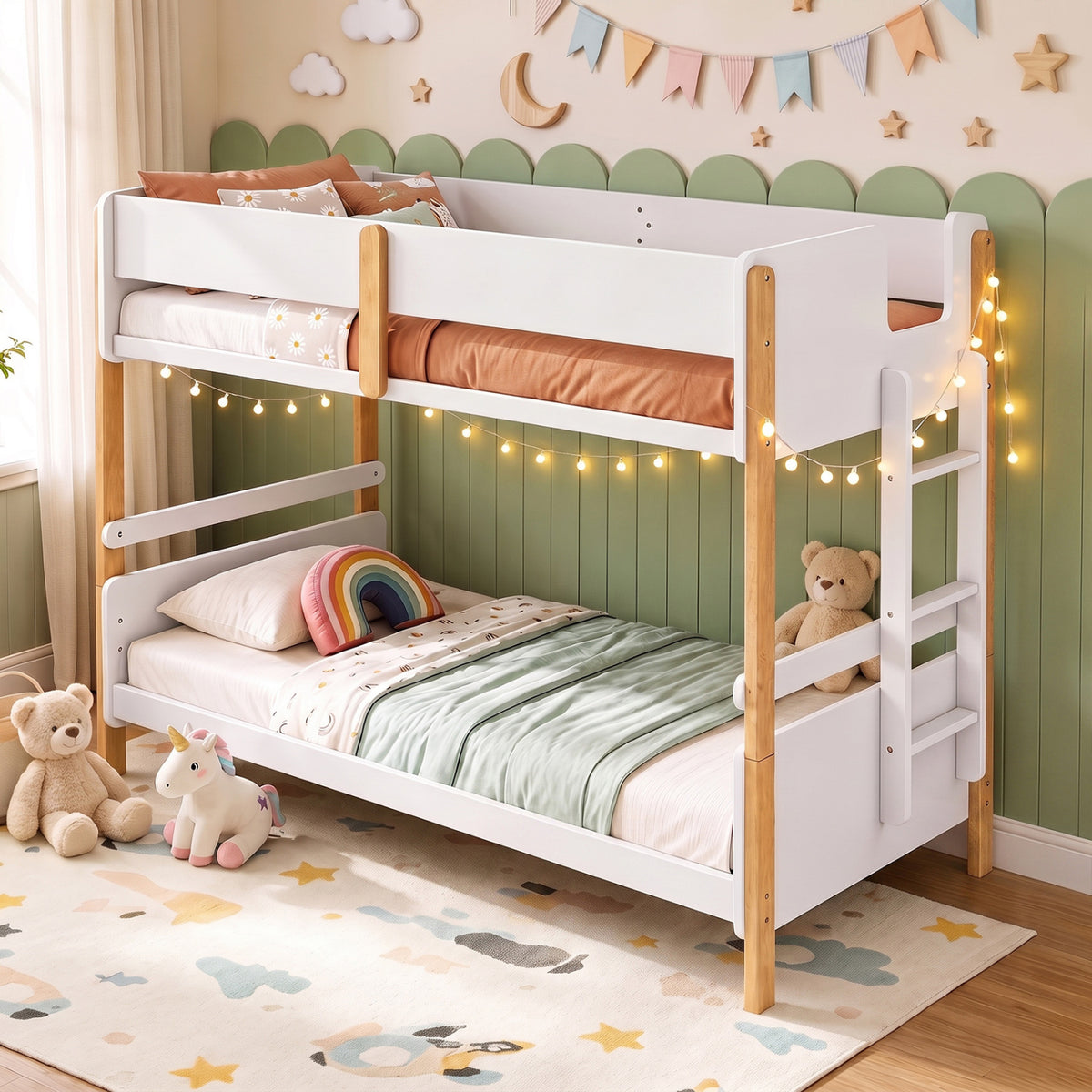 Twin Over Twin Bunk Bed with Ladder Convertible to 2 Twin Beds Toddler Wood Bunk Bed