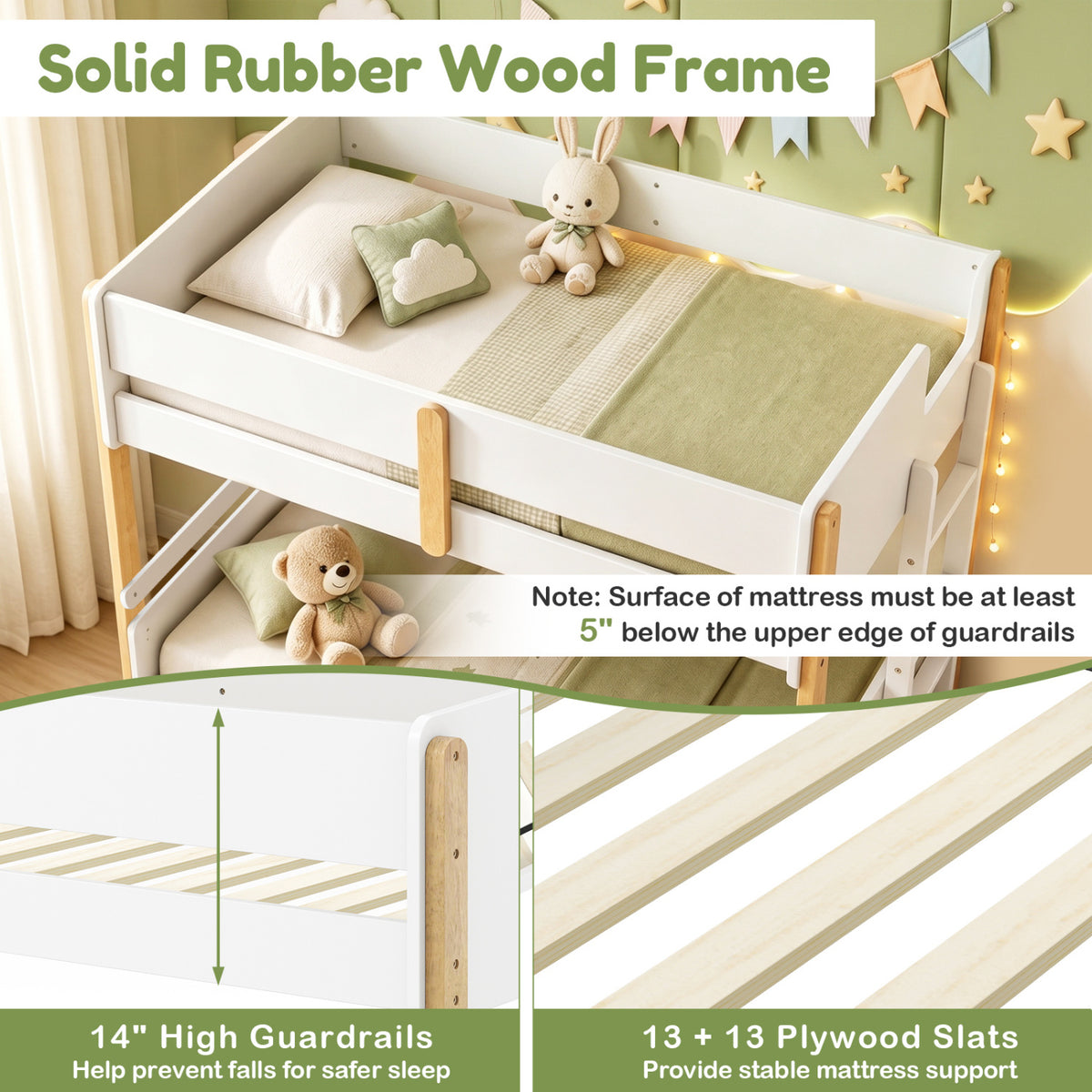 Twin Over Twin Bunk Bed with Ladder Convertible to 2 Twin Beds Toddler Wood Bunk Bed