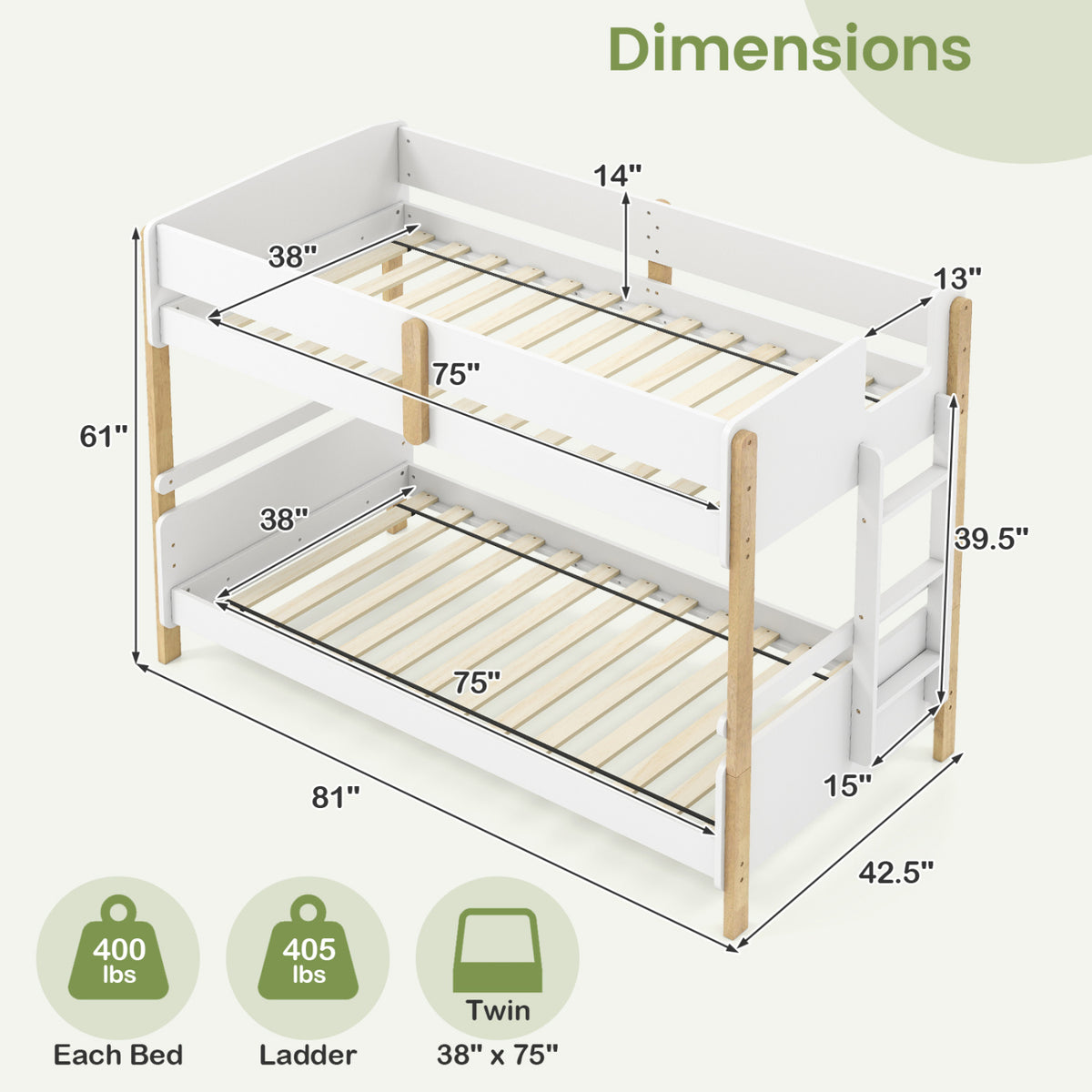 Twin Over Twin Bunk Bed with Ladder Convertible to 2 Twin Beds Toddler Wood Bunk Bed