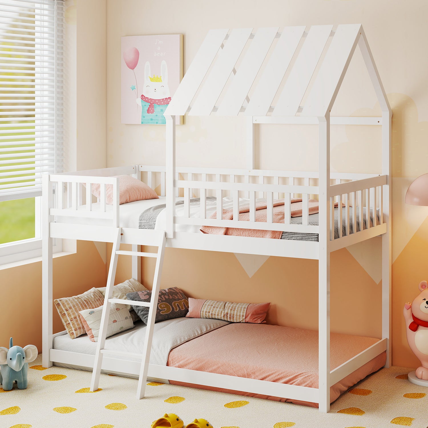 Twin Over Twin House Bunk Bed with Roof and Full-length Guardrails for Kids Teens Boys Girls