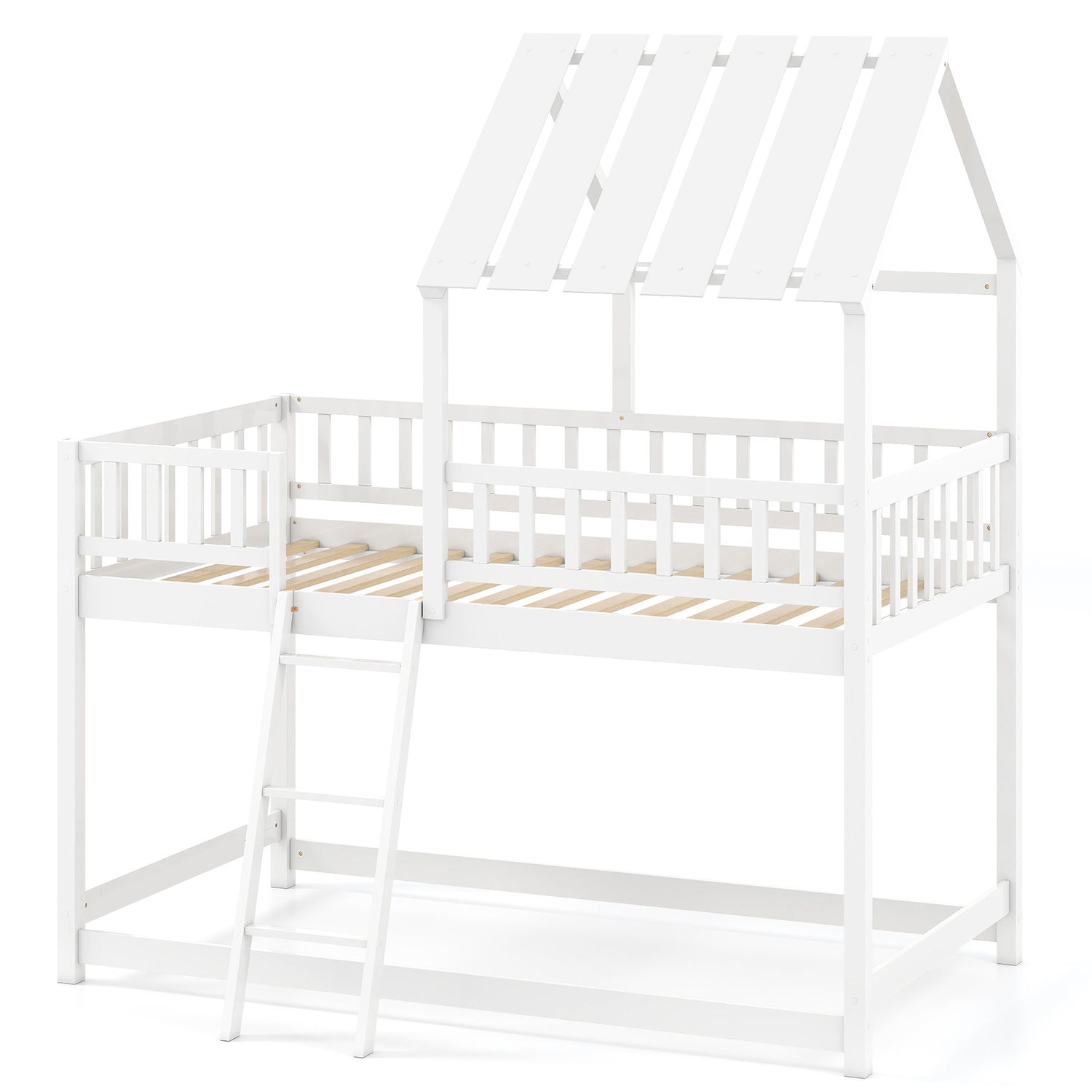 Twin Over Twin House Bunk Bed with Roof and Full-length Guardrails for Kids Teens Boys Girls