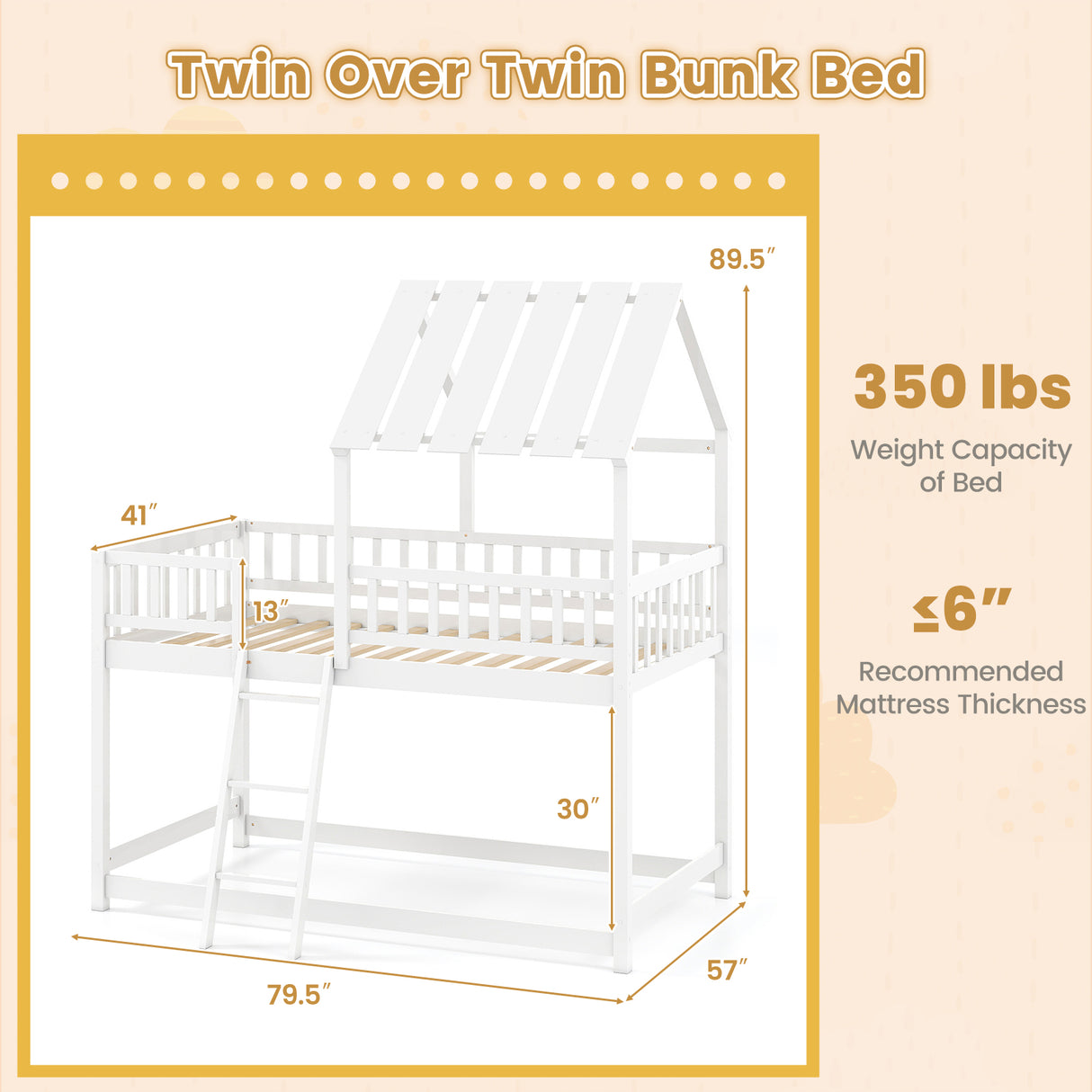 Twin Over Twin House Bunk Bed with Roof and Full-length Guardrails for Kids Teens Boys Girls