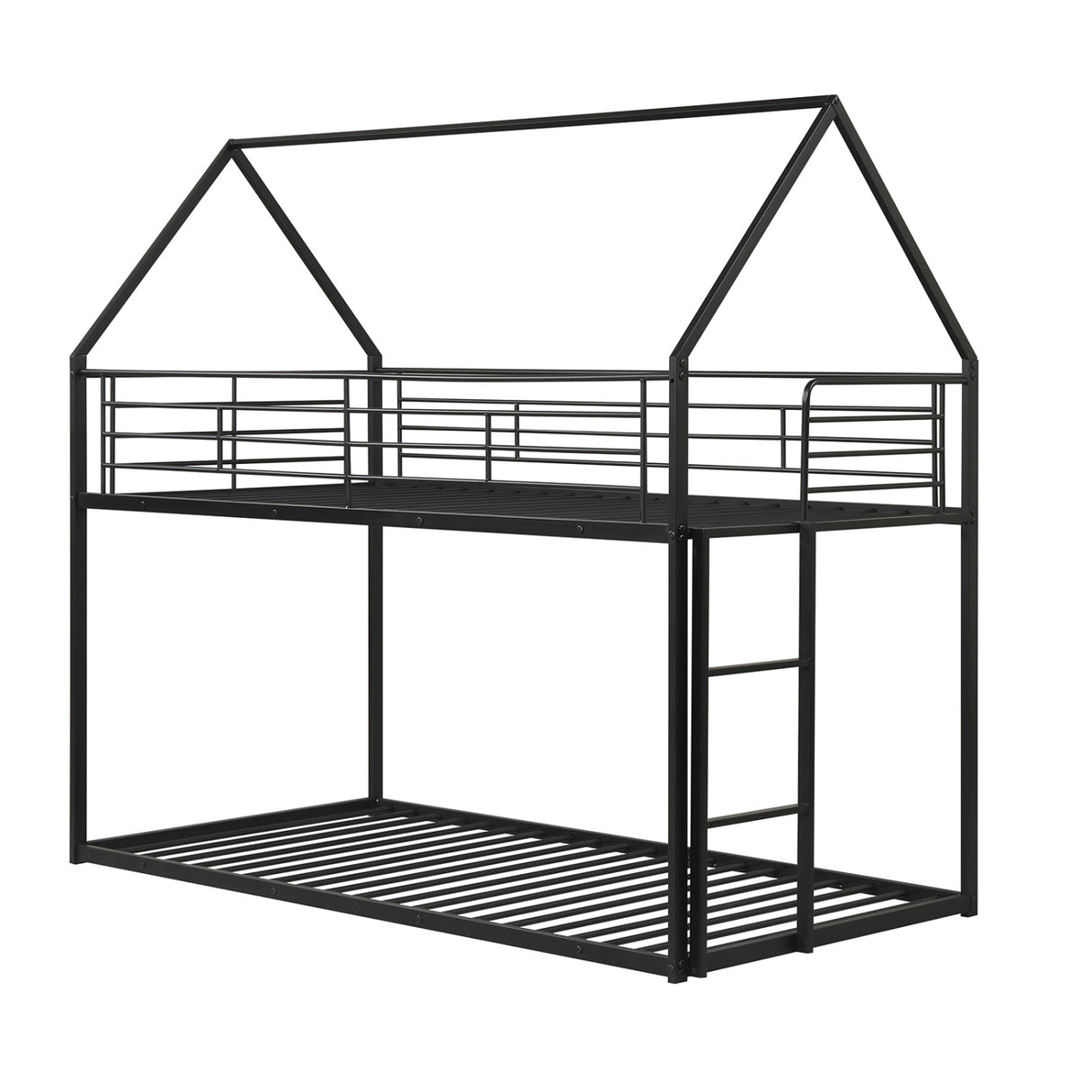 Twin Over Twin Metal Bunk Bed with Roof and Ladder