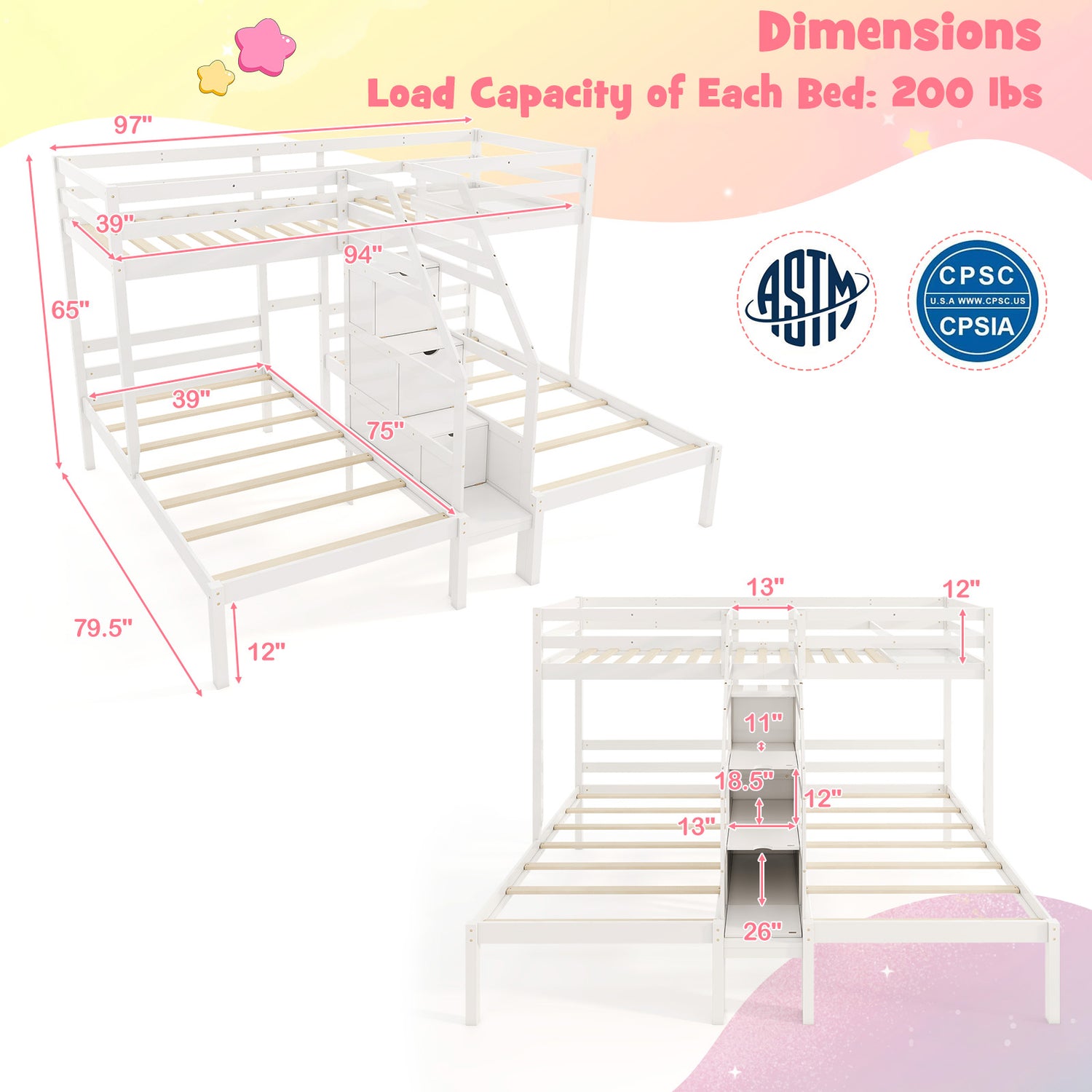 Twin Over Twin and Twin Bunk Bed with Storage Staircase and Guardrail for 3 Kids Teens