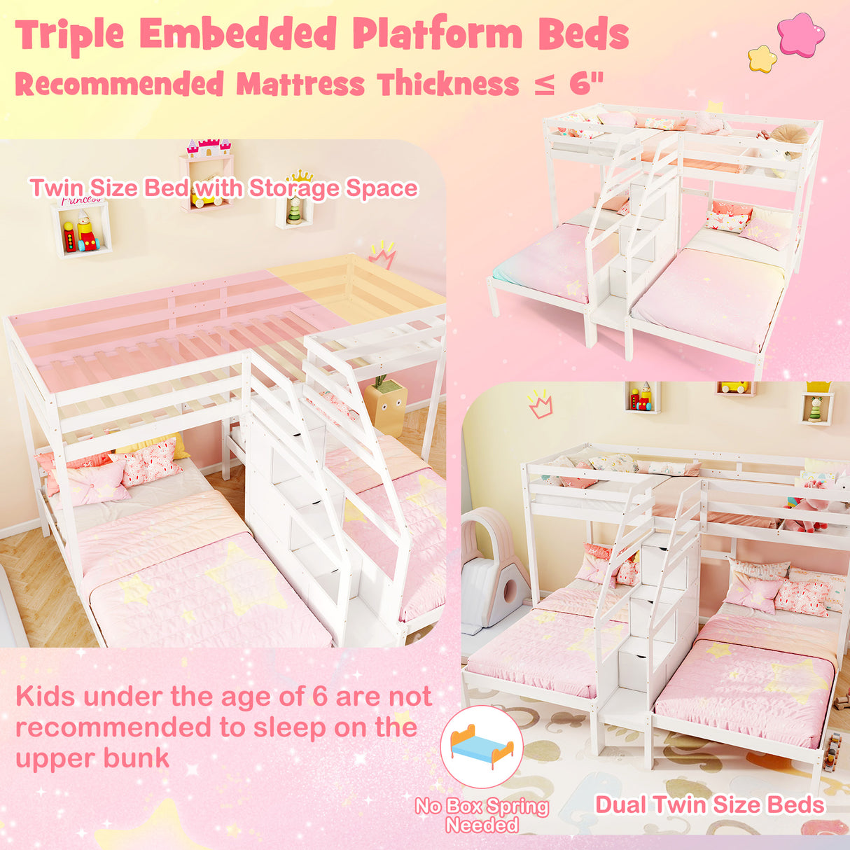Twin Over Twin and Twin Bunk Bed with Storage Staircase and Guardrail for 3 Kids Teens