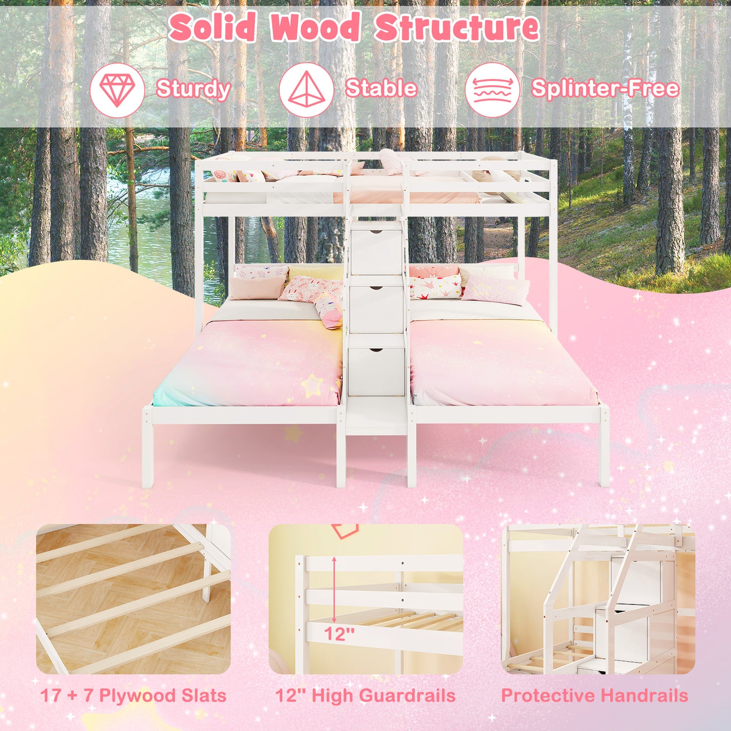 Twin Over Twin and Twin Bunk Bed with Storage Staircase and Guardrail for 3 Kids Teens