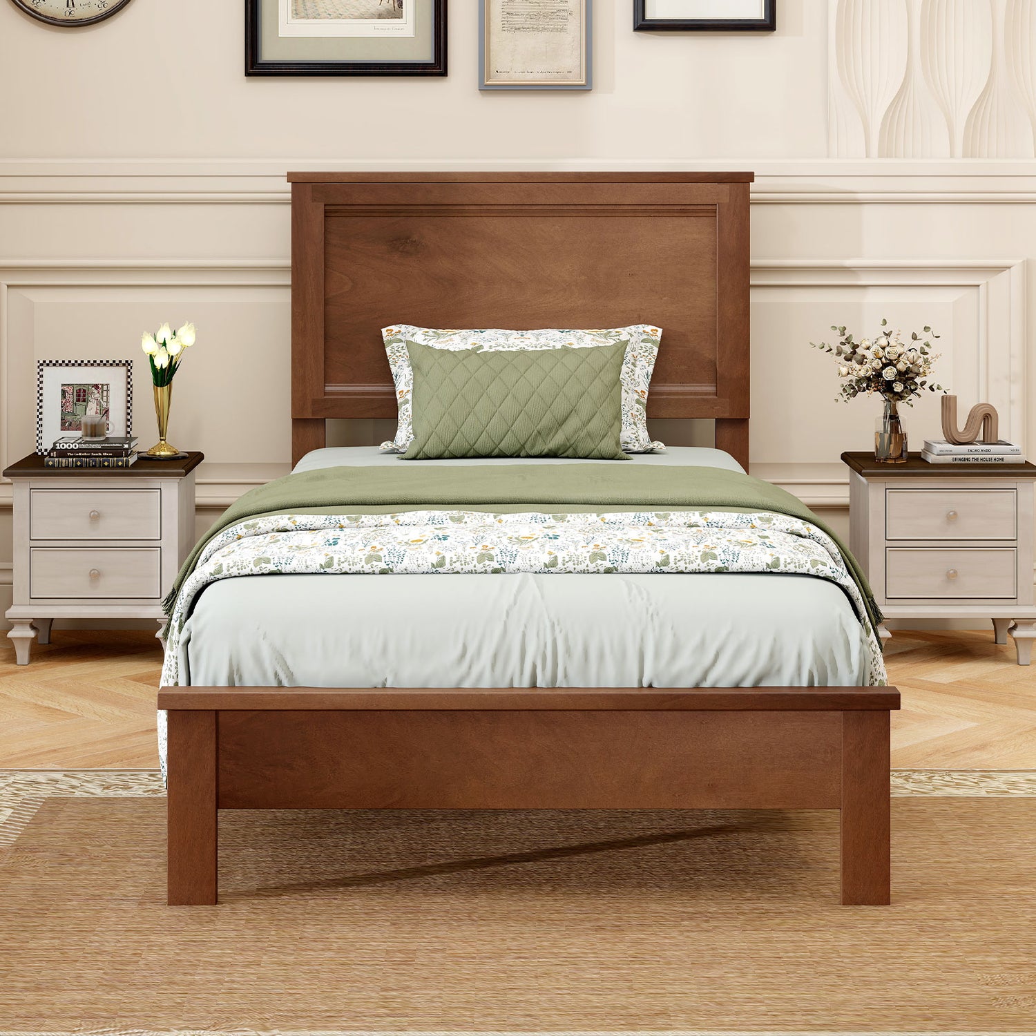Twin Size Wooden Bed Frame with Headboard and Slat Support