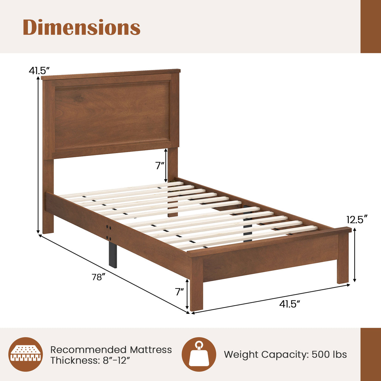 Twin Size Wooden Bed Frame with Headboard and Slat Support