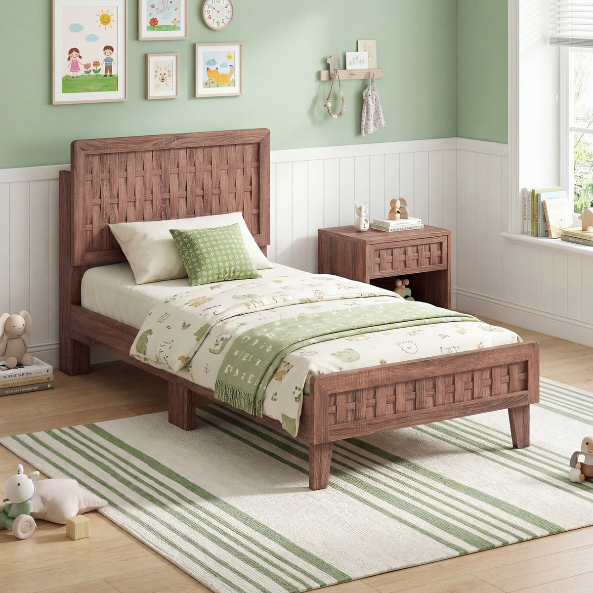 Twin/Full Size Bed Frame Mid Century with Woven Accent Headboard