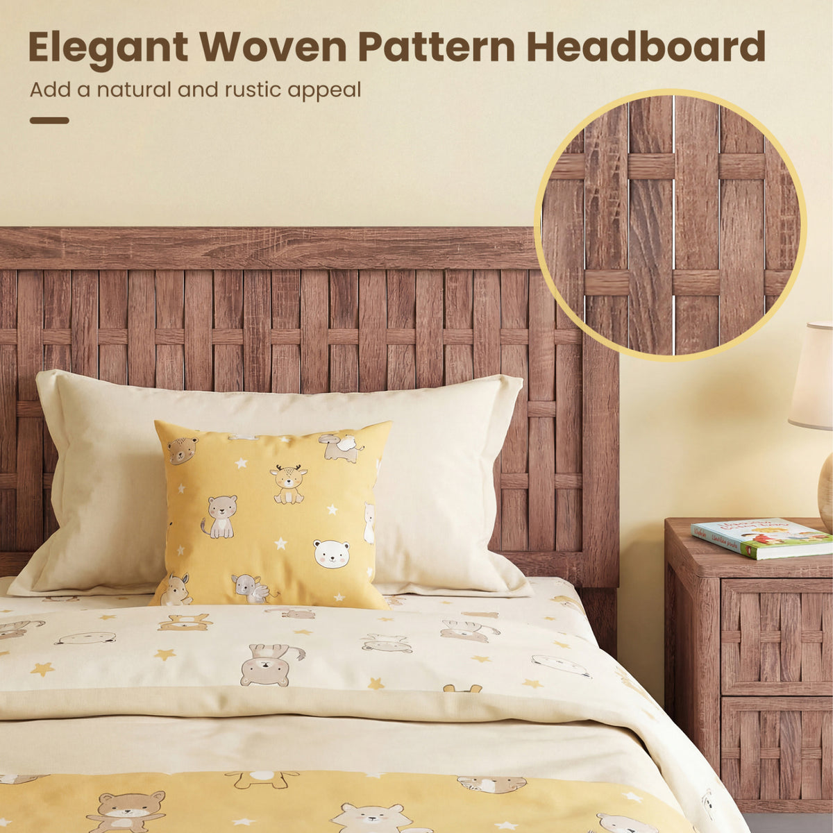 Twin/Full Size Bed Frame Mid Century with Woven Accent Headboard