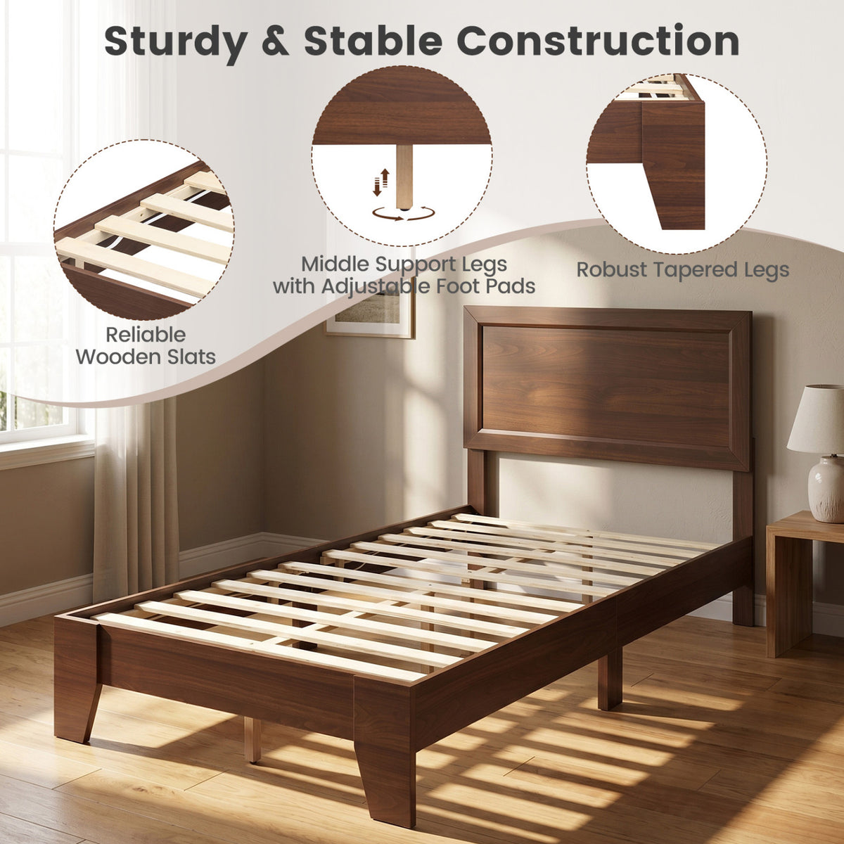 Twin Size Bed Frame with Headboard for Small Room No Box Spring Needed
